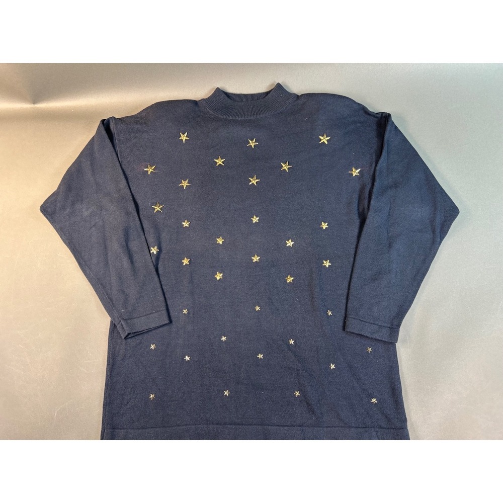 Vintage Santos Navy Blue Gold Star Studded‎ Mock Neck Sweater Womens Medium